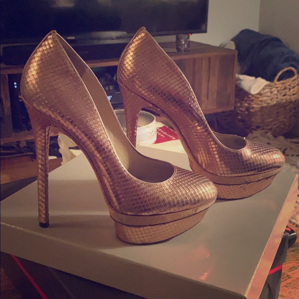 Brian Atwood Rose Gold Platform Metalic Heel